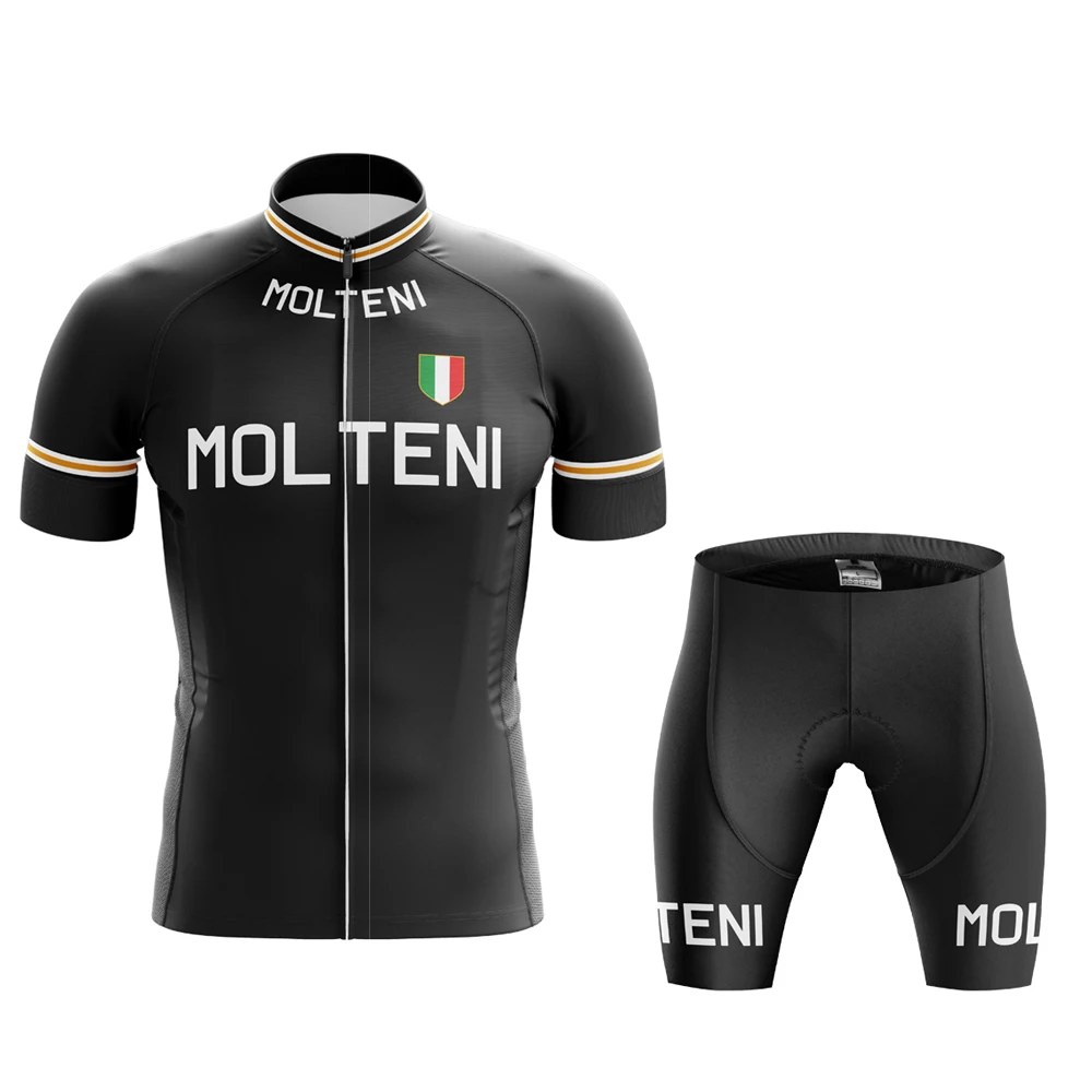 thumbnail image 1 of Conjunto de maillot de ciclismo retro Molteni negro para hombre, pantalones de montar de manga corta, ropa clásica de ciclismo de montaña, maillot de triatlón, 1 of 4
