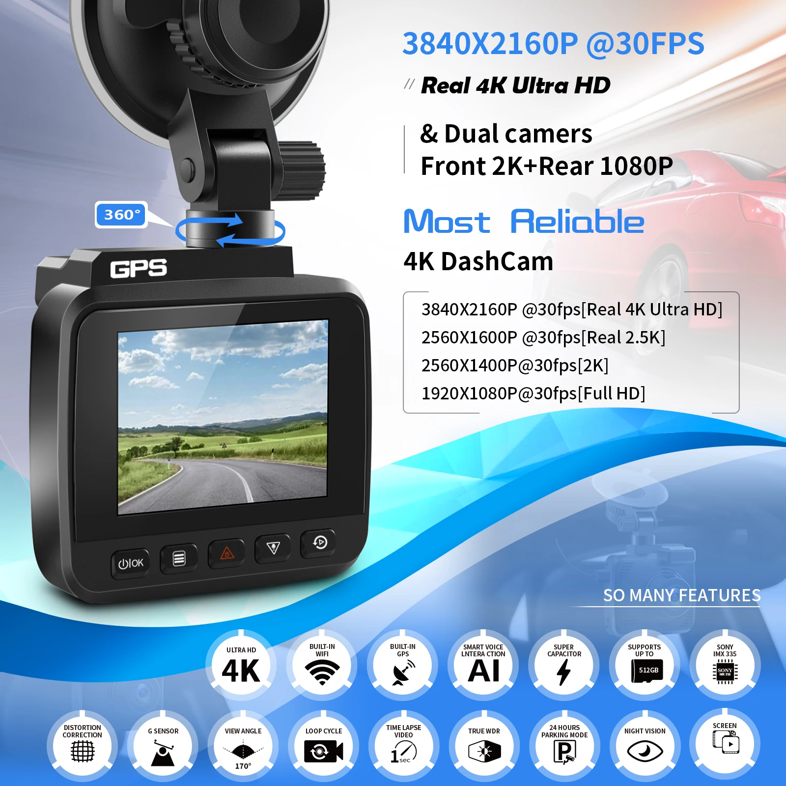 Dash Cam Front and Rear 4K Dash Cam Dash Camera for Cars Front 4K/2K Rear  1080P Built-in GPS with WiFi 3 IPS Display WDR Parking Mode, G-Sensor,  Loop