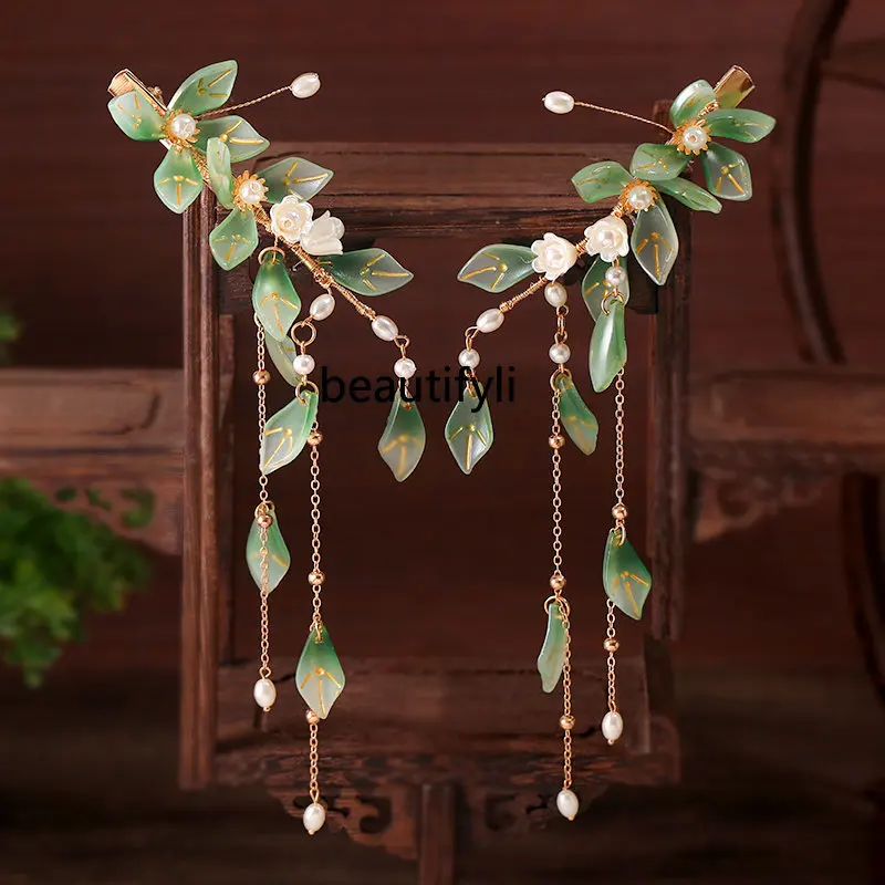 

yj Headdress for Han Chinese Clothing Set Fairy Tassel a Pair of Hairclips Ancient Costume Decoration Green Flowers Barrettes