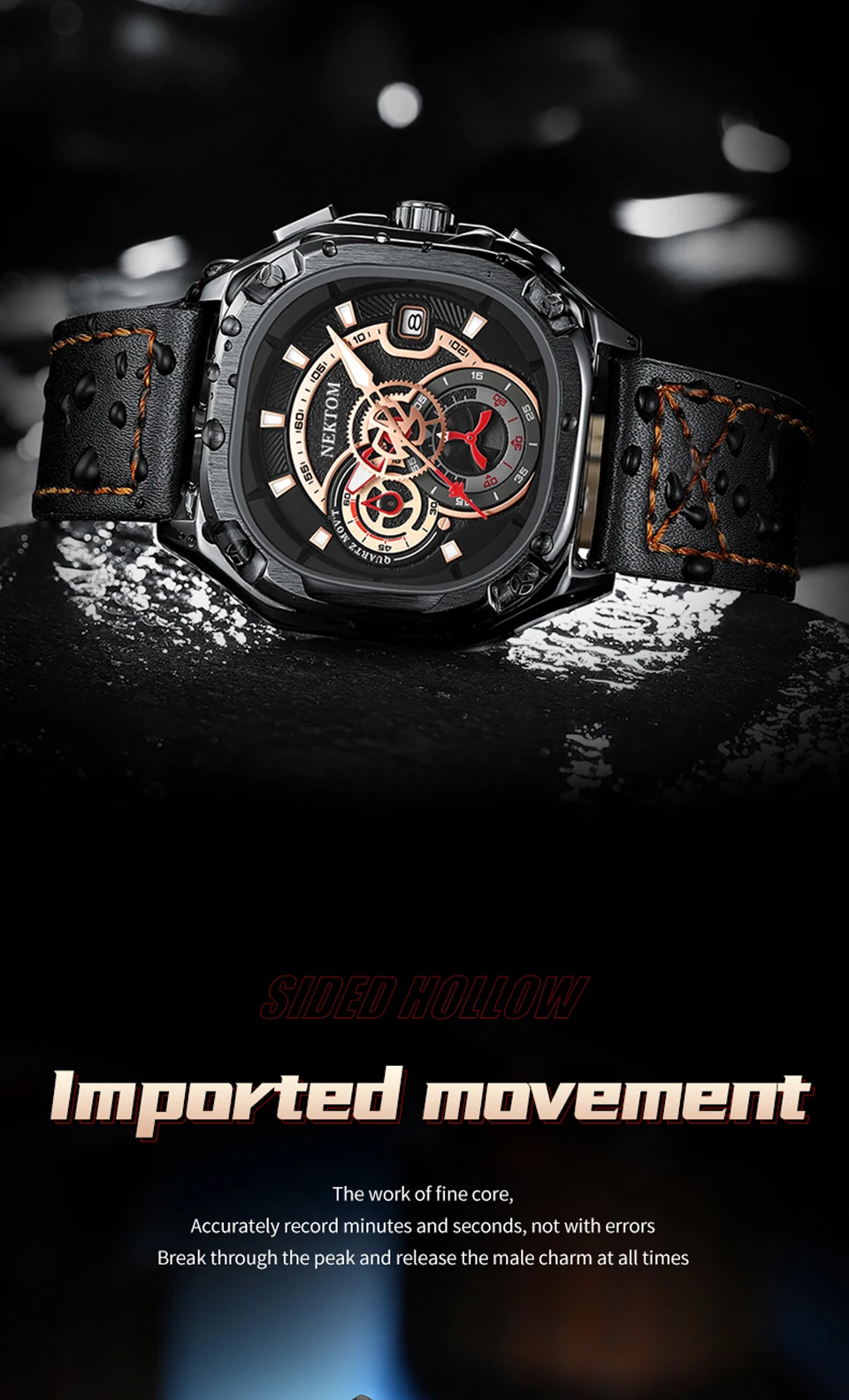 NEKTOM 2022 Luxury Square Polit Quartz  Man Watch Waterproof Leather Strap Sport Watch Fashion Waterproof Quartz Wristwatch