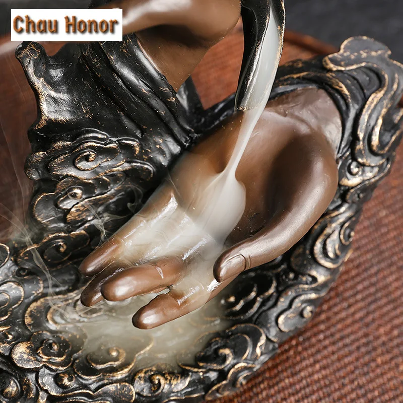 Backflow Incense Burner, Handmade Resin Lotus Buddha Hand Waterfall Incense Burner for Home Relaxation Lucky Feng Shui Decor