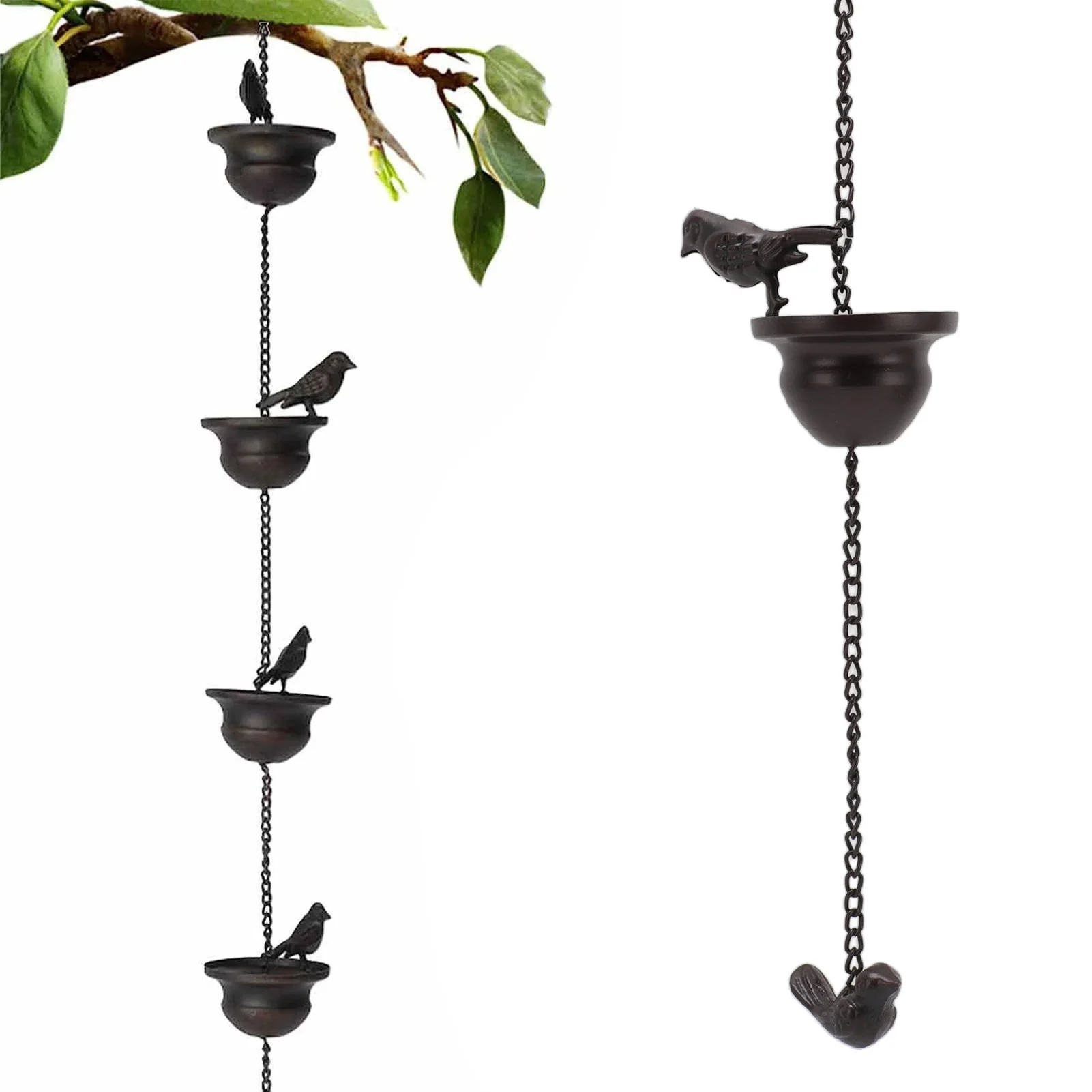 2.4m Birds On Cup Rain Chain for Gutters Decorative Rain Chimes for Outside Vintage Garden Rainwater Diverter Catcher Chains