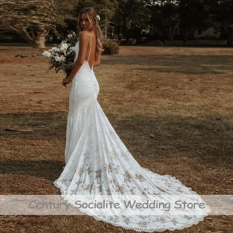 Boho Wedding Dresses for Women Mermaid Spaghetti Straps Backless Beach Bride Dress Rustic Bridal Gowns Vestido De Noiva