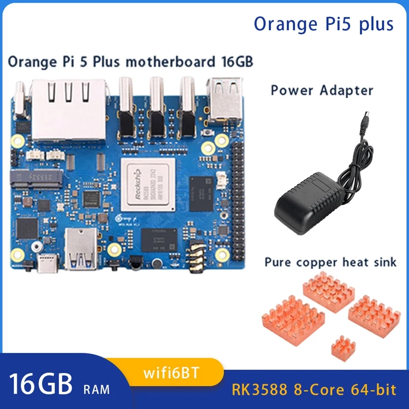 

For Orange Pi 5 Plus 16GB RAM RK3588 Octa-Core 64-Bit Supports 8K Video 2.5G Wifi6 BT Module With Accessories Durable EU Plug