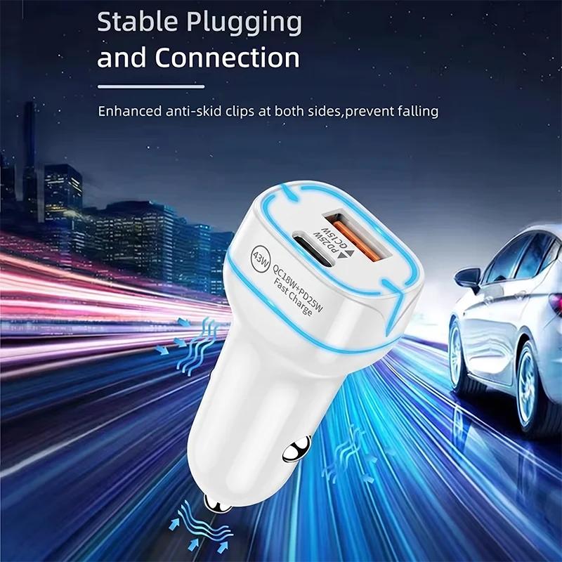 43W 고속 차량용 충전기 듀얼 포트 USB C PD 25W 및 QC 18W 타입 C 차량용 전원 어댑터 (블루 LED 라이트 포함) 아이폰 및 안드로이드용
