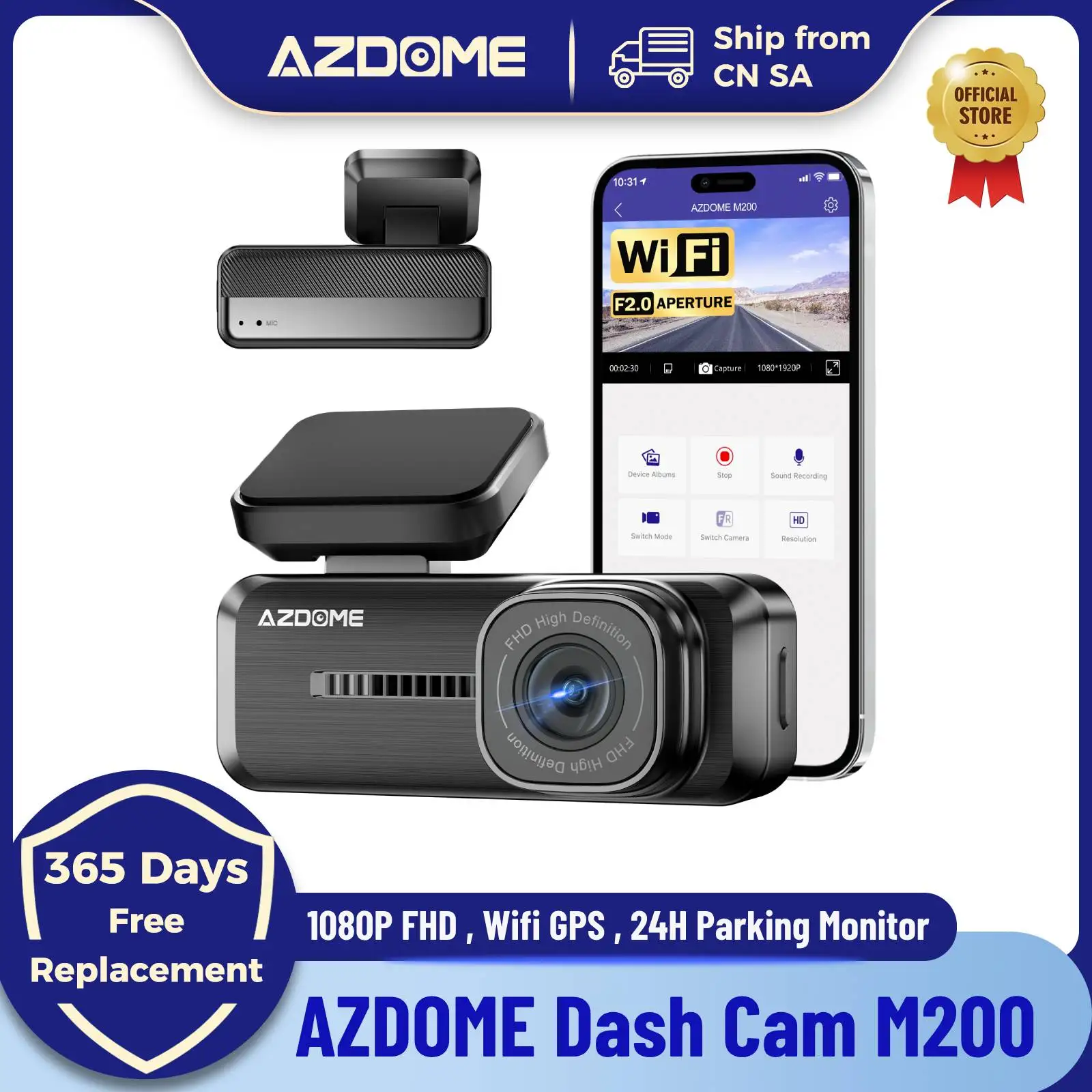 Видеорегистратор AZDOME M200, 1080P, FHD, Wi-Fi, GPS