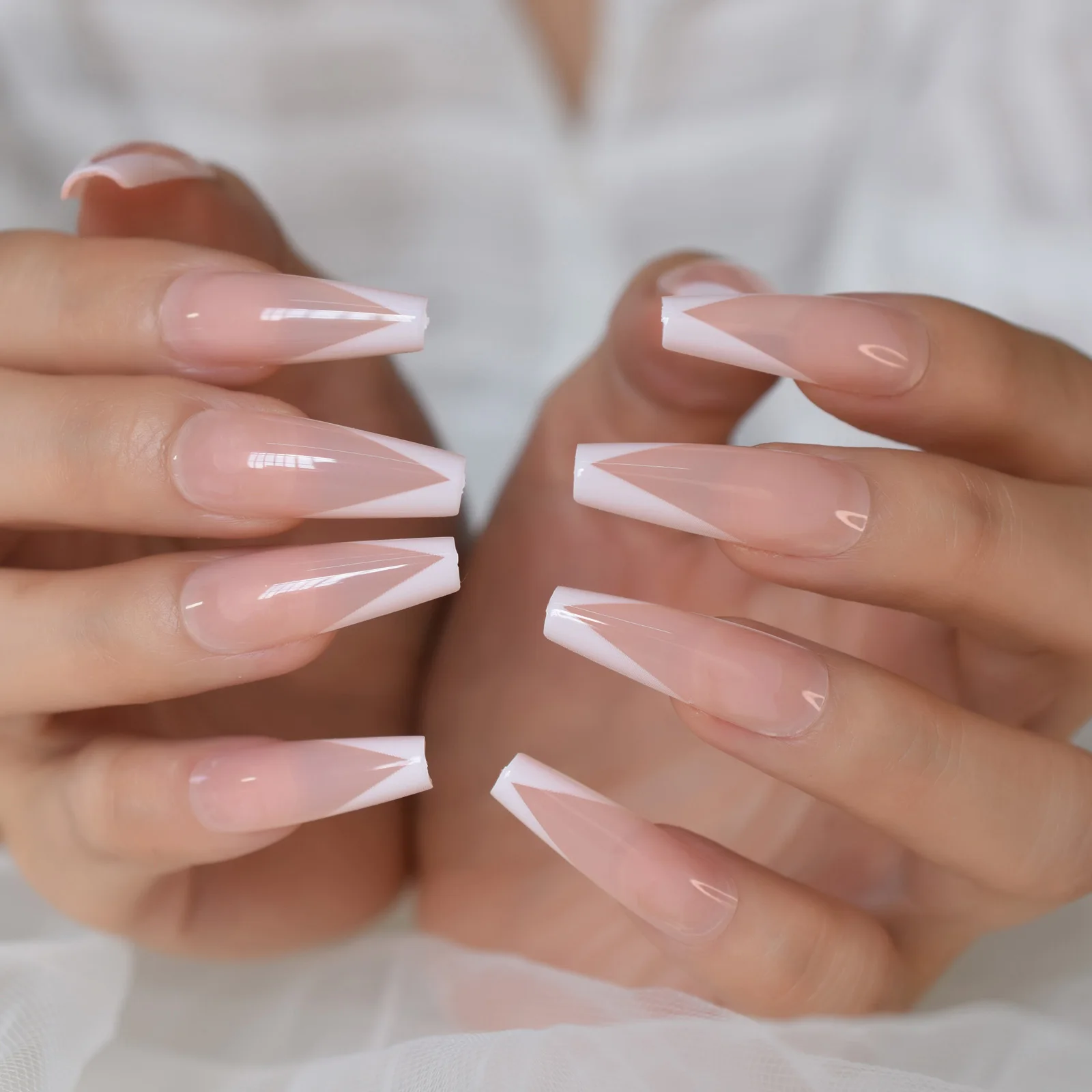 24pcs V-Shaped French Press On Nails - Long Coffin Acrylic Gel Manicure