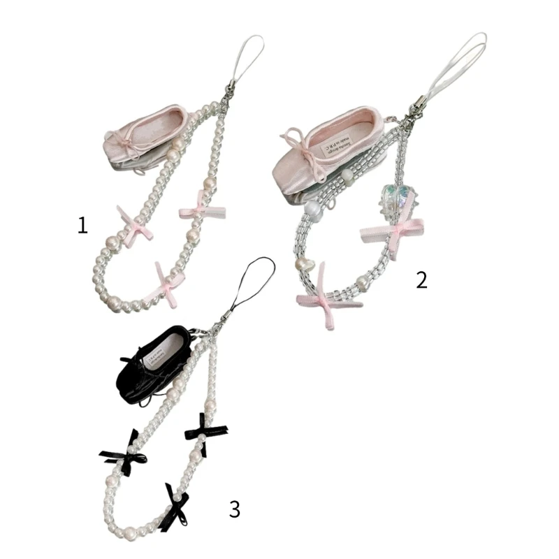 

Bowknot Ballet Shoes Charm Keychain Anti-lost Chain Crystal Pearl Beaded Pendant Hanging Charm Bag Decoration Lanyard