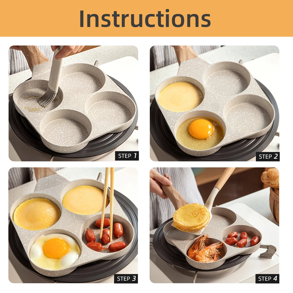 Poêle À Frire À 4 Trous - Omelette Épaissie - Anti-Adhésive - Oeufs - Crêpes - Steak - Cuisson