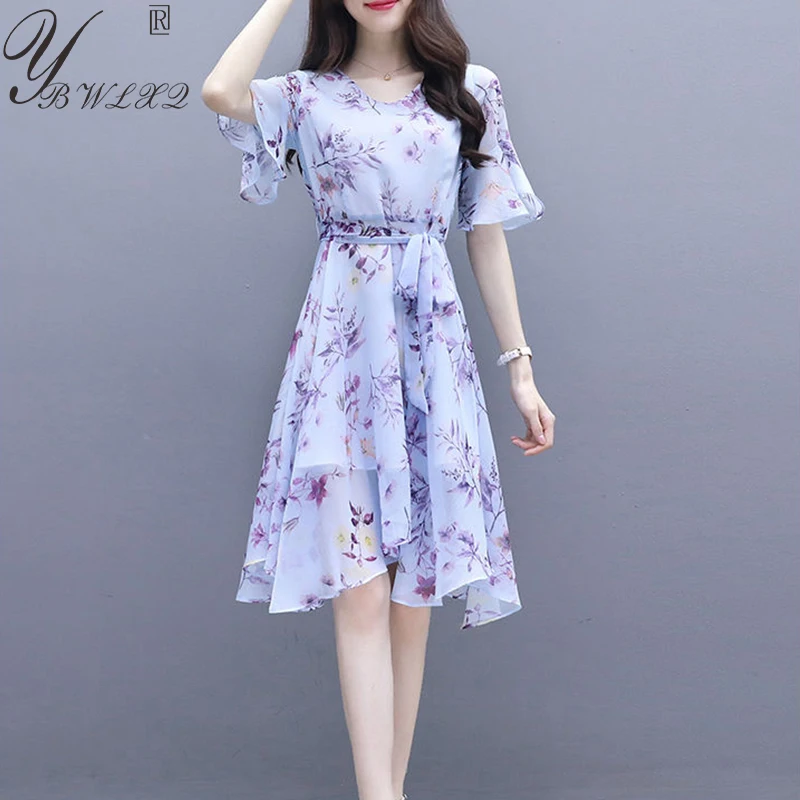 

Korean Chic Floral Dress Women Fashion Elegant Chiffon Printing Ruffle Sleeve Midi Dress Summer Comfort Flowy Party Dress