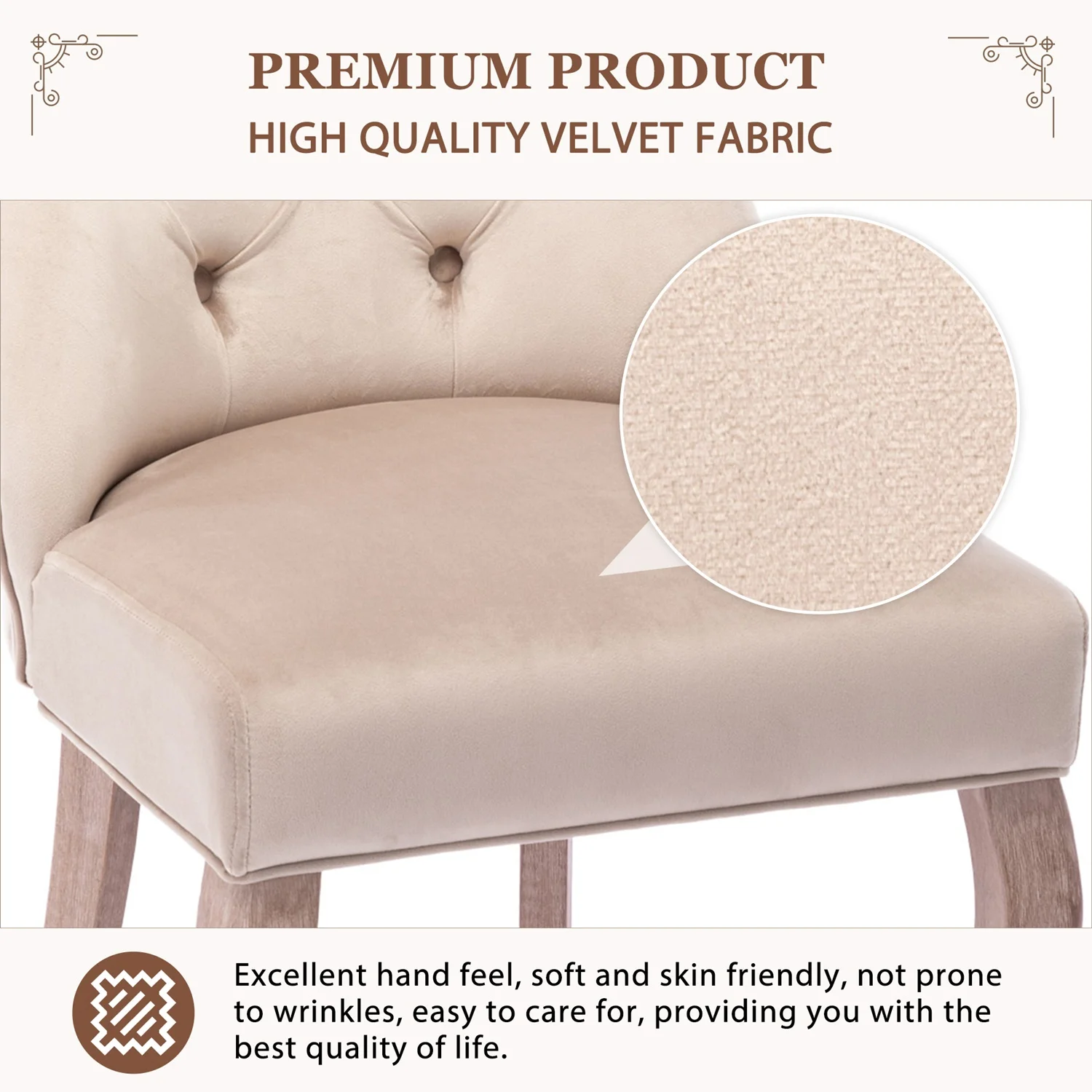 1 Pair of Elegant 4-foot Chair, Beige Velvet Dining Chair, High Backrest, With Button Padding, Solid Wood Frame, Beige – Detail 8