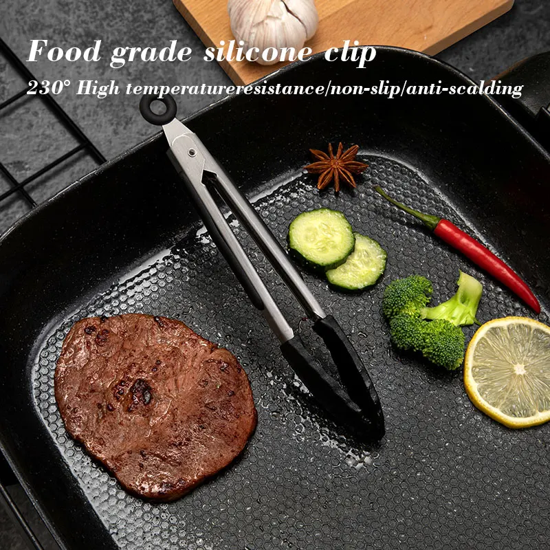 Food Tongs 1 Pc Black Silicone Food Tongs Stainless Steel Food Tongs Outdoor BBQ Clamps For Camping Kitchen Tongs For Baking Steak