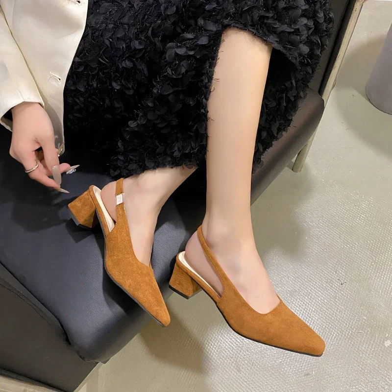 Women Suede Low-heeled Slingbacks High Heels Fashion Classics Sexy Dress Pumps Pointed Toe Solid Color Sandals women slingback sandals women high heels shoes women dress shoes