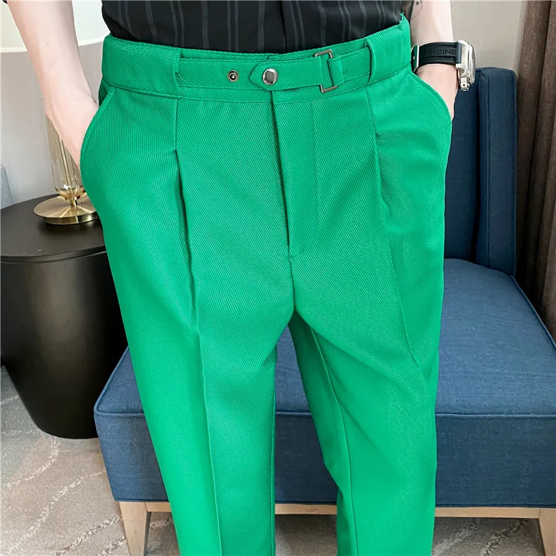 

Korean Suit Pants Men Dress Simple High Waist Business Casual Wear Office Trousers pantalon homme calça social masculina Green