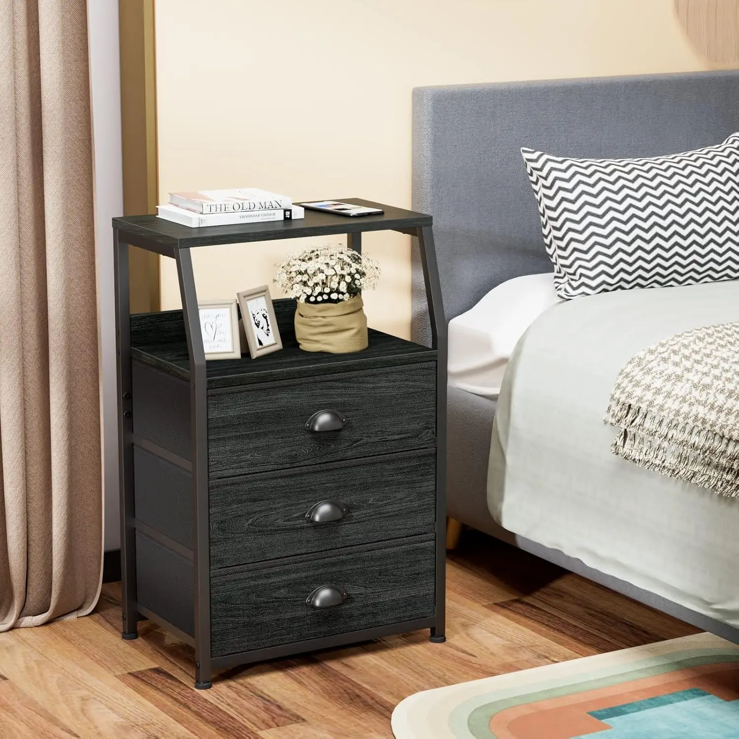 Kommode mit 3 Schubladen, Nachttisch, Beistelltisch, Nachttisch mit 2-stufigem Regal und Stoffkommode, Aufbewahrungsschrank für Schlafzimmer – Detail 4