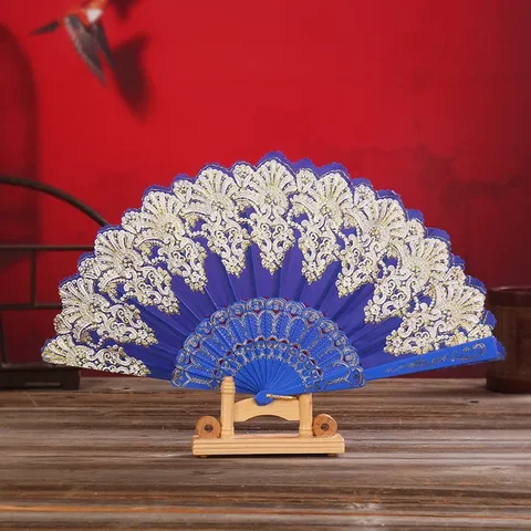 

Luxury Fashion Folding Fan Flower Lace Silk Wedding Dance Party Stage Performance Decoration Fashion Hot Stamping Hand Held Fan