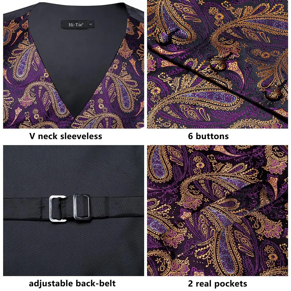 Purple Gold Silk Mens Vest Tie Set Jacquard Paisley Sleeveless Jacket Suit Waistcoat Necktie Hanky Cufflinks Wedding Business 5