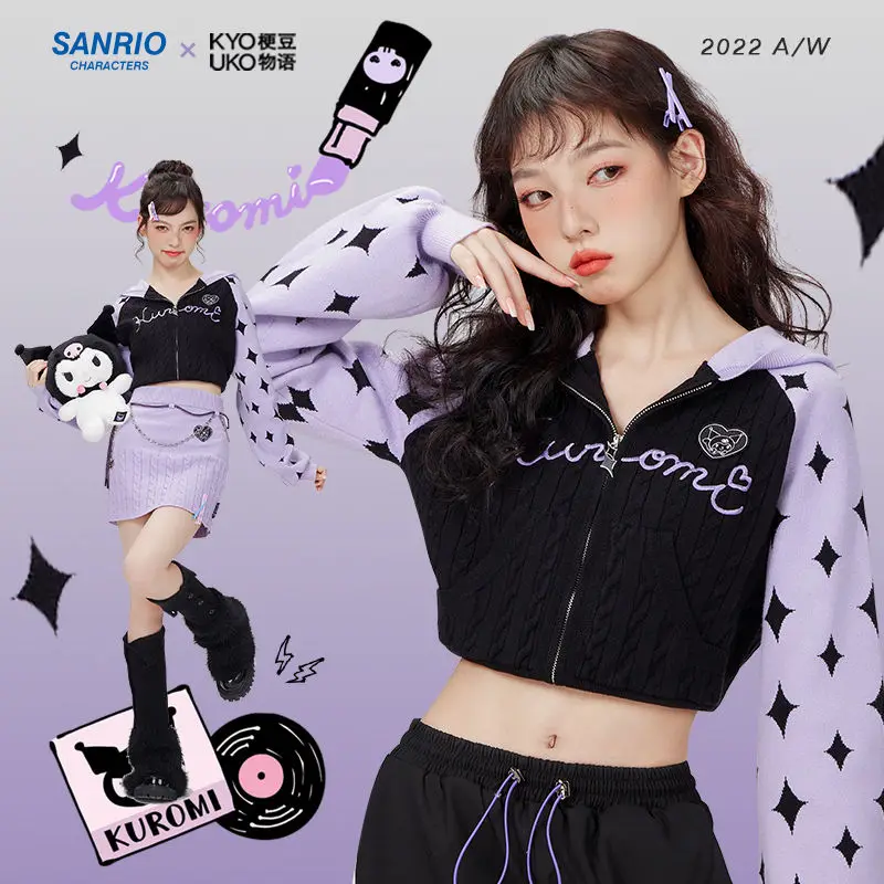 

Kawaii Sanrio Kuromi Short Slim All-Match Hooded T-Shirt Cute Cinnamoroll Cartoon Casual Top Student Anime Zipper Coat Girl Gift