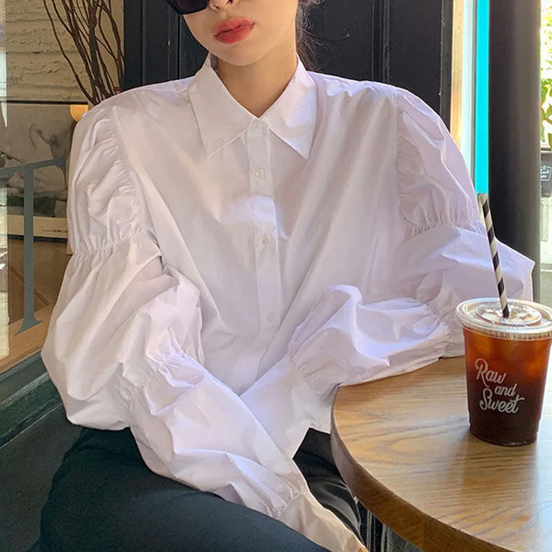 

Женская винтажная рубашка с длинным рукавом, белая Свободная блузка в Корейском стиле с отложным воротником и оборками, весна-осень