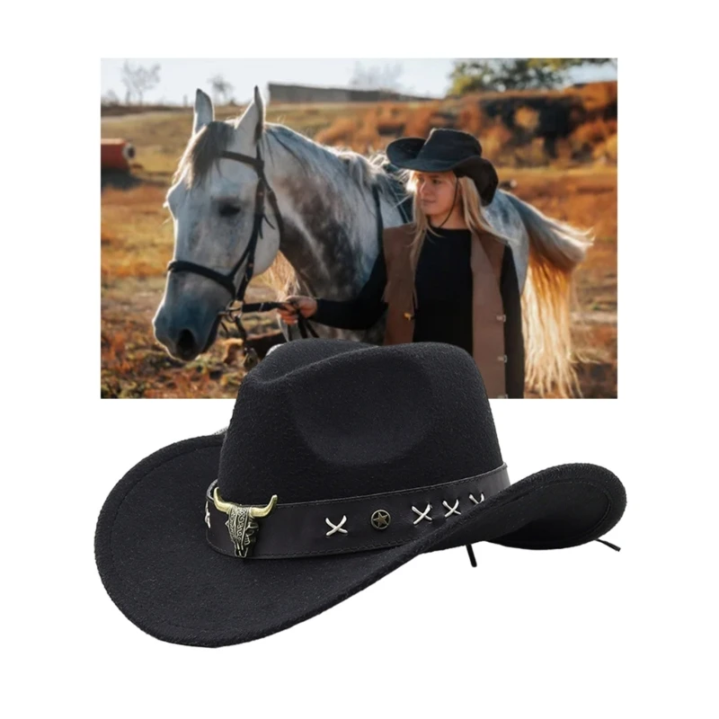 652F Funny Party Hats Cowboy Hat for Womens Fedora Western Hat Cowboy Leathers Band Costume Dress Up
