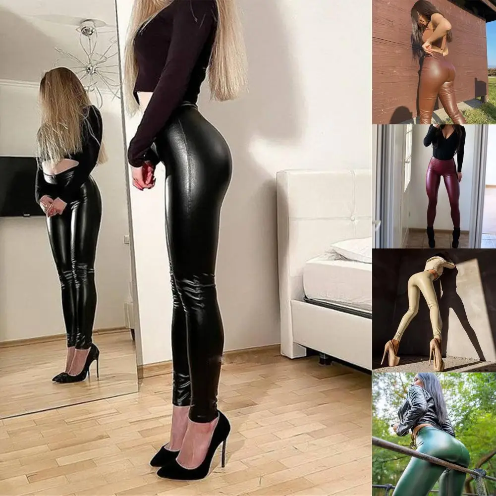 

Long Trousers Skin-Touch Faux Leather Pants Wear Resistant Slim Fit Trendy Faux Leather Pencil Pants