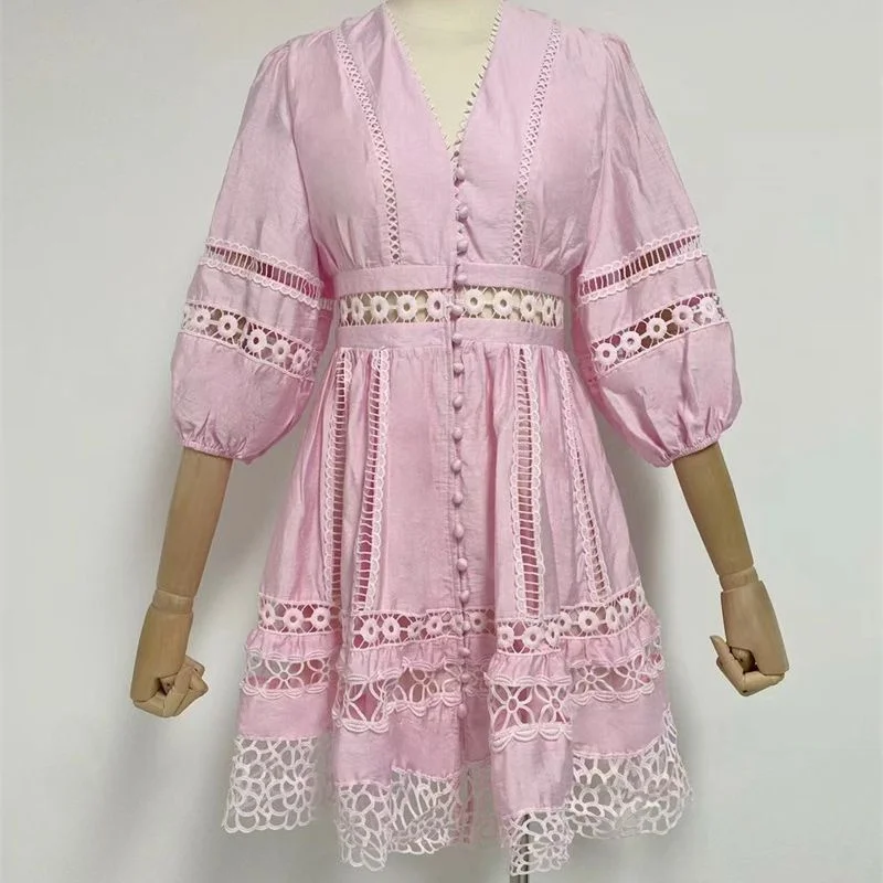 

White Pink White short skirt 2023 Fashion Summer Dress Lantern Long Sleeve Lapel A-line Ruffle Lace Dresses Women