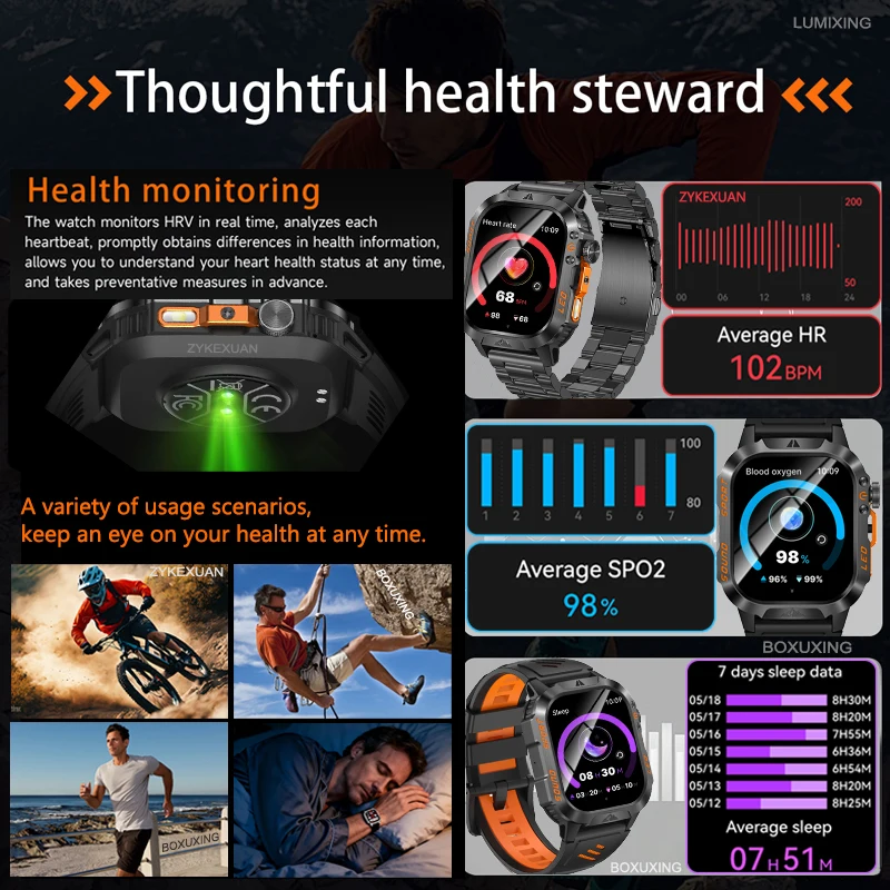 2026 New 1200 mAh Battery Military Smart Watch GPS Path 5ATM Waterproof Sports Run Tracker Outdoors Fitness Military Smartwatch 5