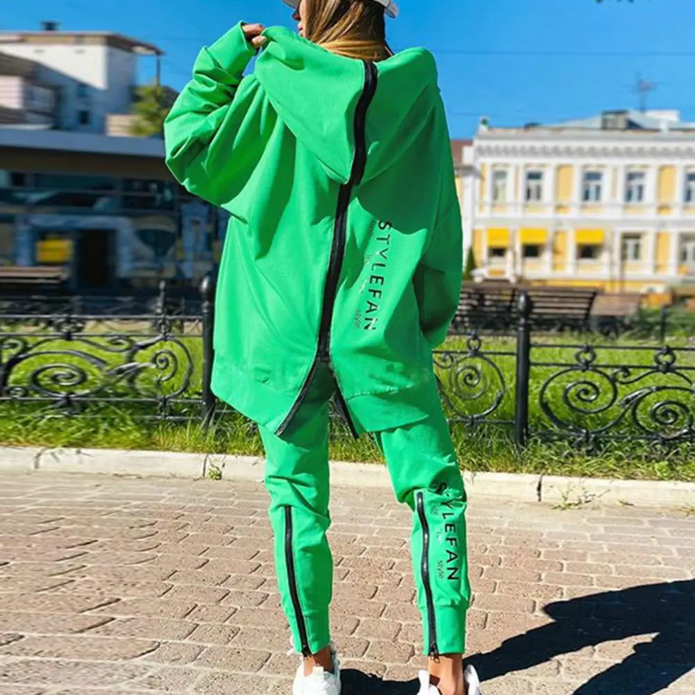 

2Pcs/Set Long Sleeves Back Zipper Elastic Waist Pockets Women Tracksuit Fall Winter Hooded Sweatshirt Coat Jogging Pants Set