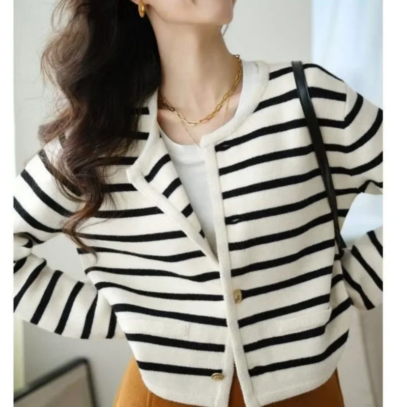 Korean Chic Elegant Office Lady Stripe Cardigan Matching Vintage Coats & Blouses Pretty Women's Sweaters Female Long Sleeve Top