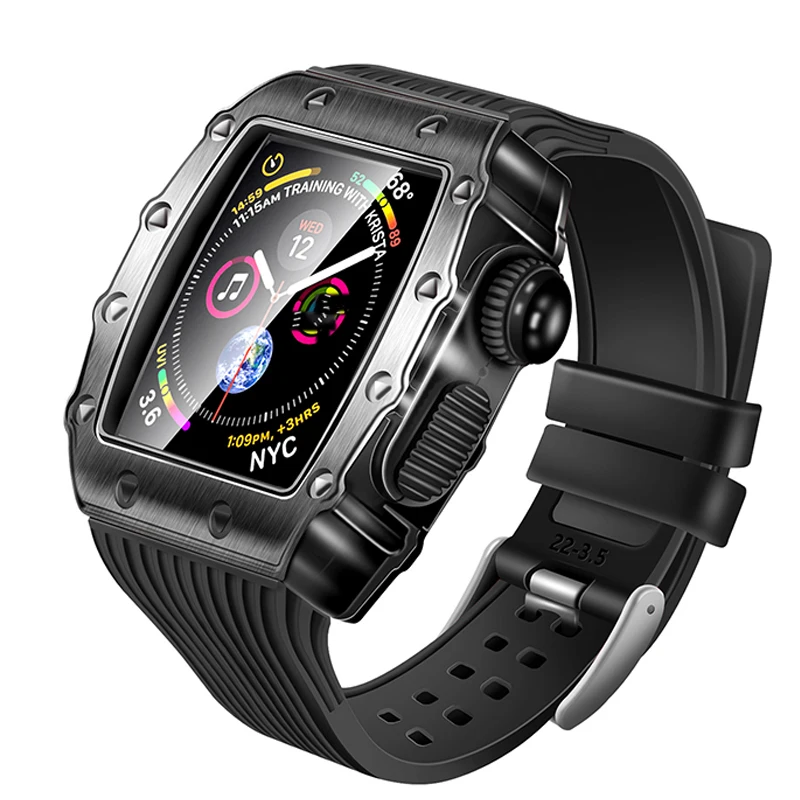 Slicone Strap For Apple Watch Band 45mm 44mm Metal Stainless Steel Refit Protective Shell One-piece Strap For iWatch 8 7 6 5 SE