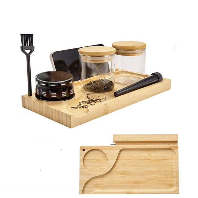 Rolling Tray Set with Wood Rolling Tray and Glass Stash Jar
