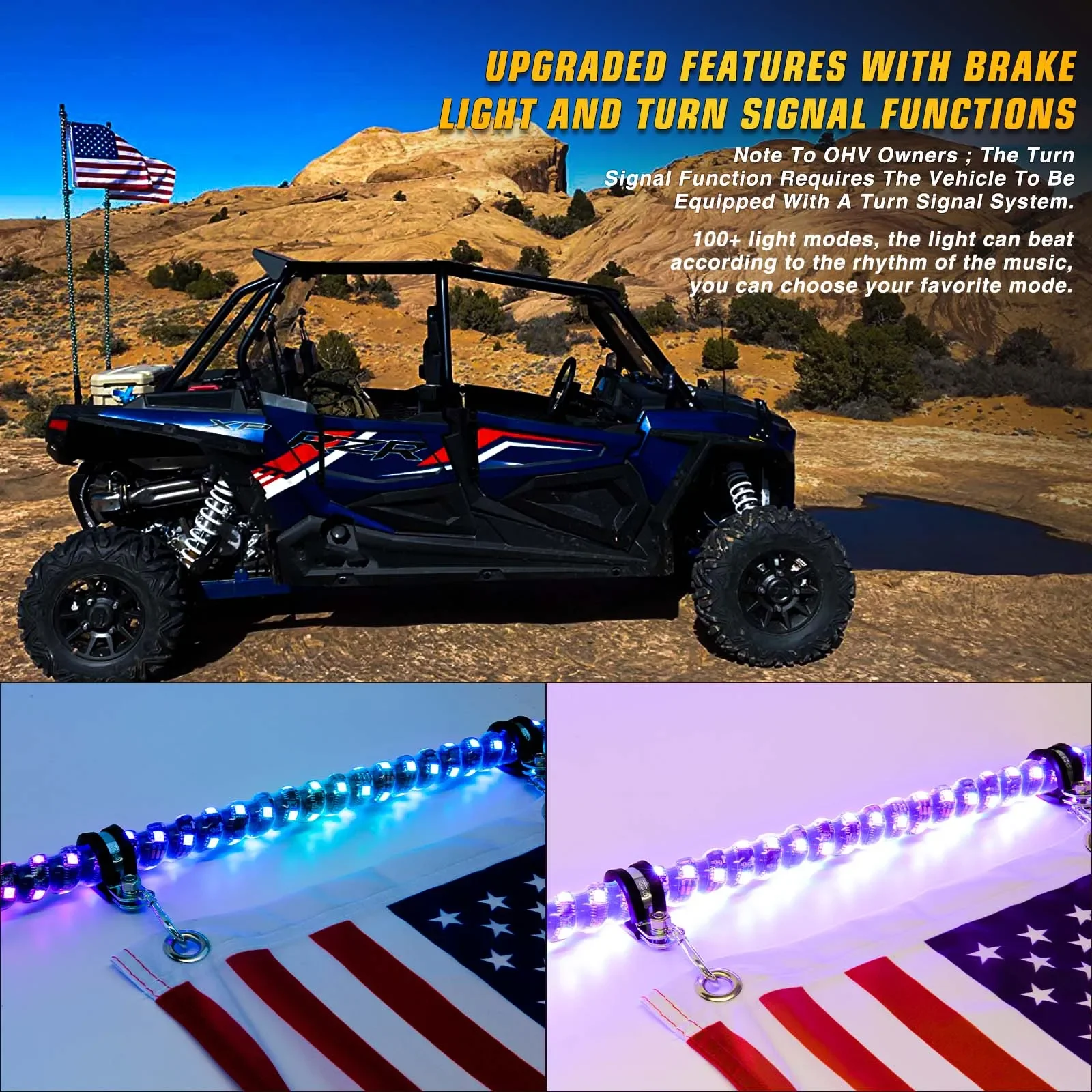 Polaris RZR 4 5-Foot RGB Spiral Whip Light Antenna With Remote For ATV ...