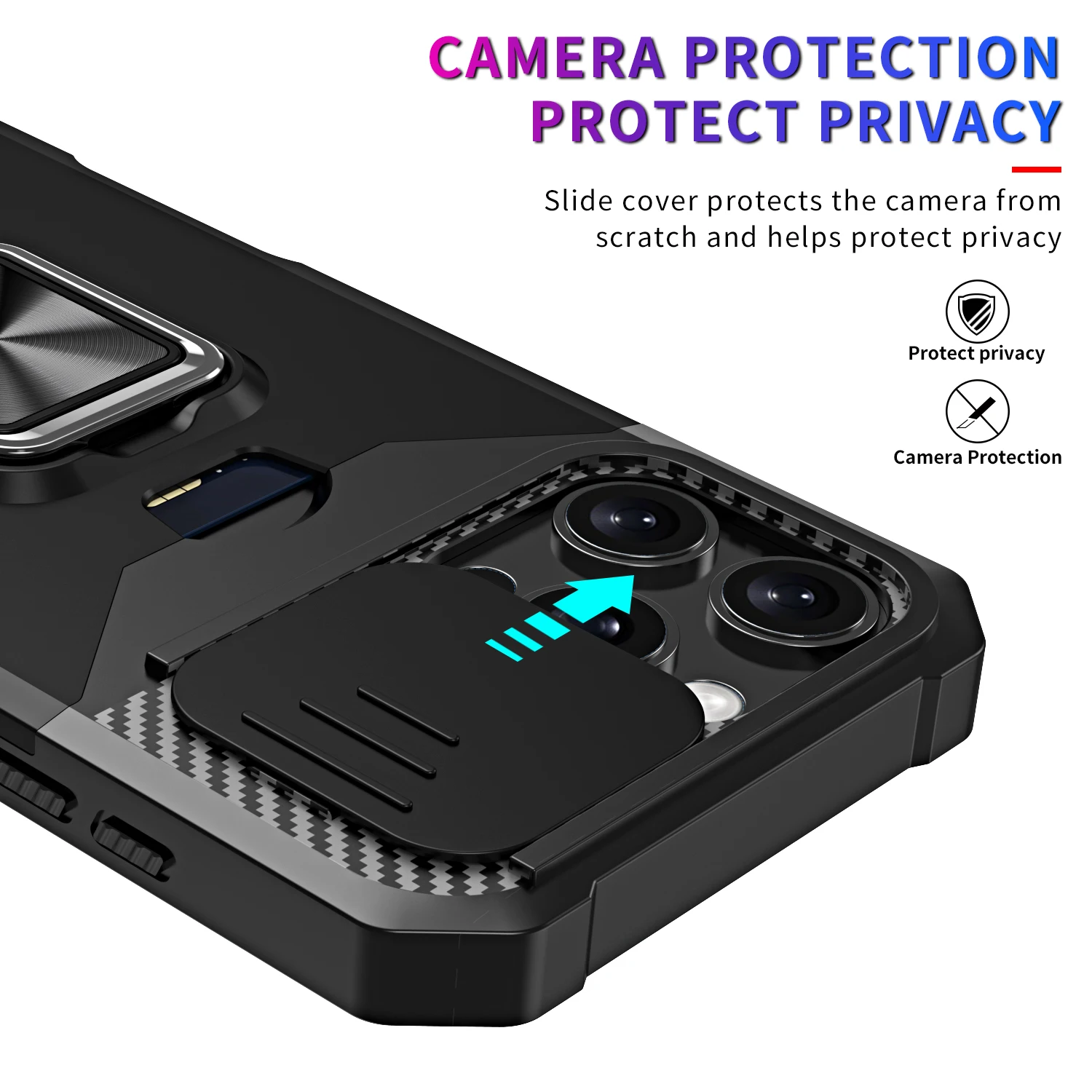 Phone Case with Slide Camera Cover, Card Holder, Ring Stand, and Wallet Slot