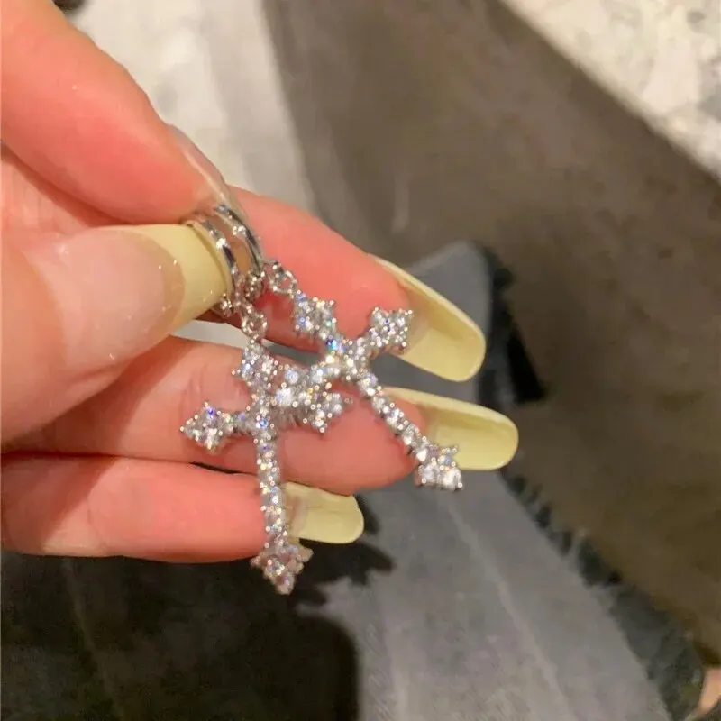 Silver Metal Cross Earring Clear Crystal Stone Dangle Sparkling Girls Evening Jewelry