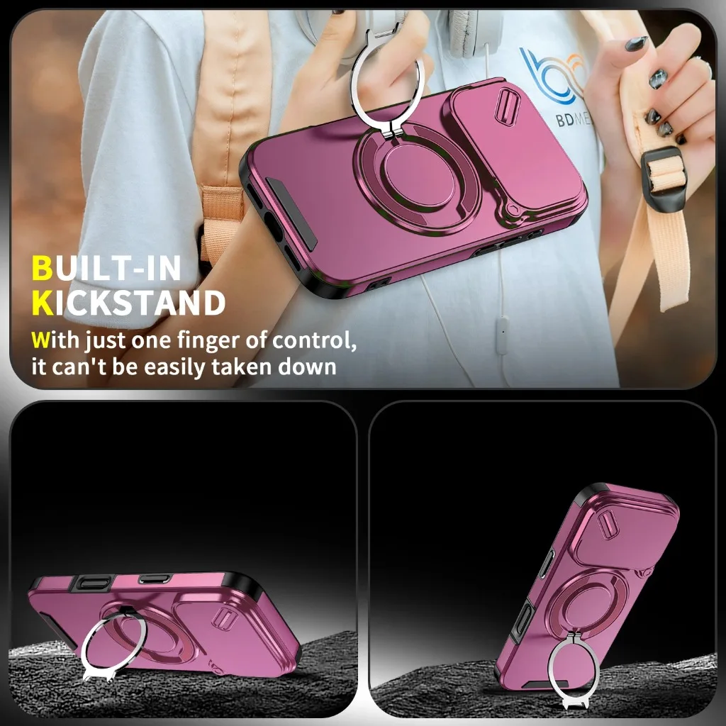 360 Magnetic Ring Holder Case with Sliding Window Camera Protection Cover