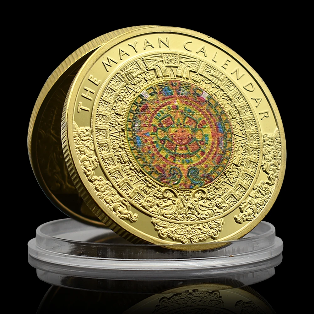 

Mexico The Mayan Calendar Gold Coin Collectibles Maya Totem Symbols Color Painting Commemorative Medal in Capsule Gift