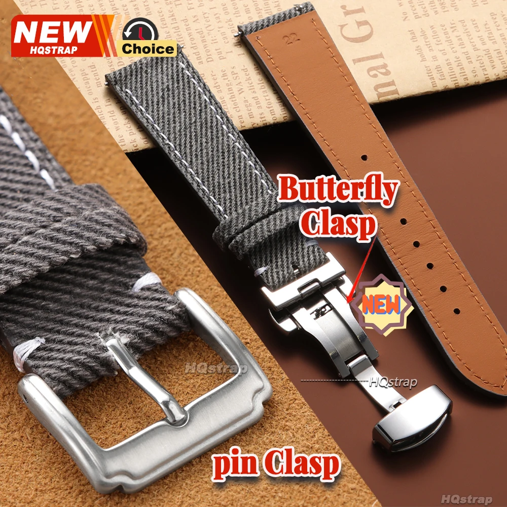 Butterfly Clasp Denim-Style Leather Smartwatch Strap with Pin Buckle