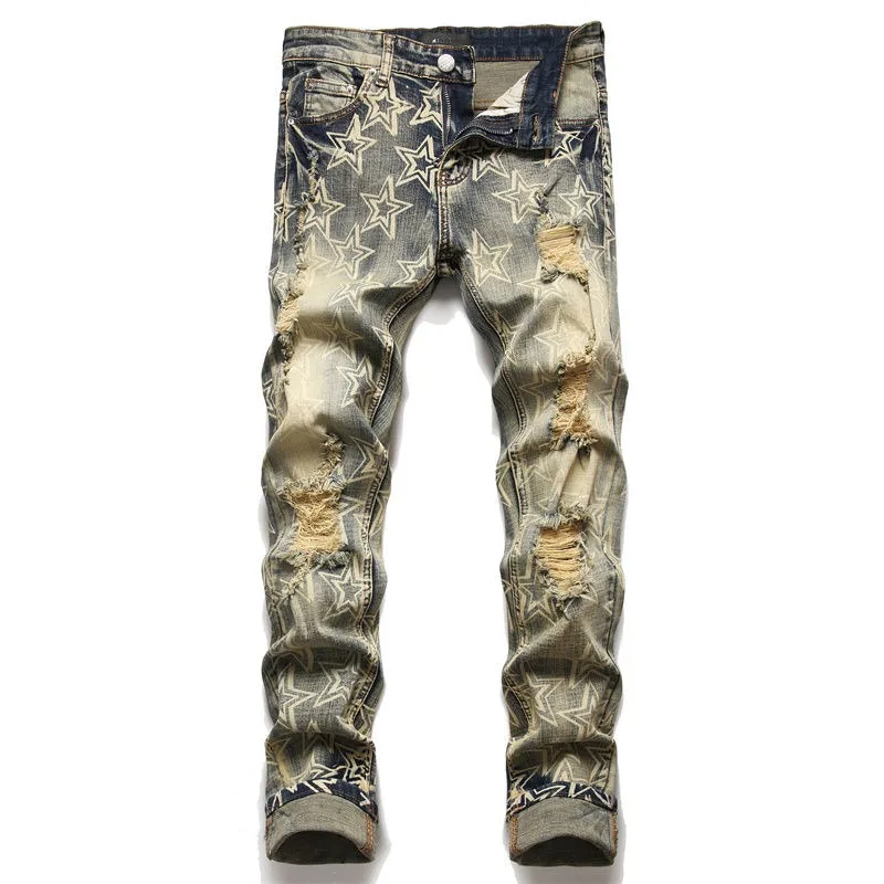 Men's Clothing Retro Nostalgic Knee Ripped Print Jeans Trendy Elastic Slim Fit Small Feet Baggy Jeans