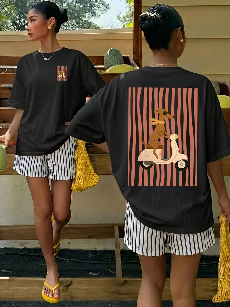 Kurzärmliges T-Shirt mit Dackel-Motiv auf einem Roller, lässiger, lockerer Schnitt, Rundhalsausschnitt, Vintage-Sommer-T-Shirt für Damen