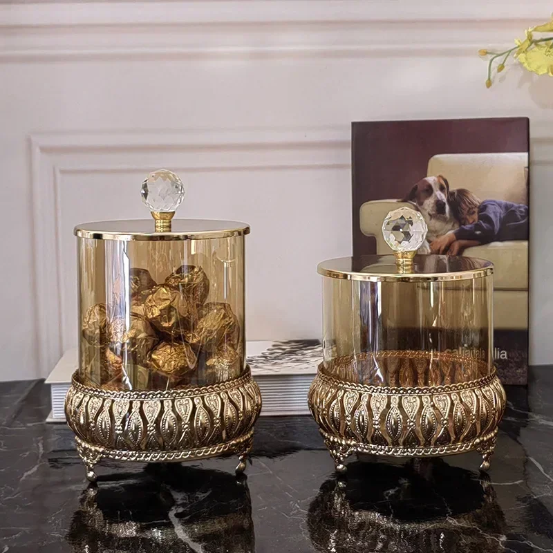 

Creative Transparent Gold Glass Candy Jar Metal Sealed Storage Bottle Home Chocolate Cookie Storage Jar Craft Home Decoration