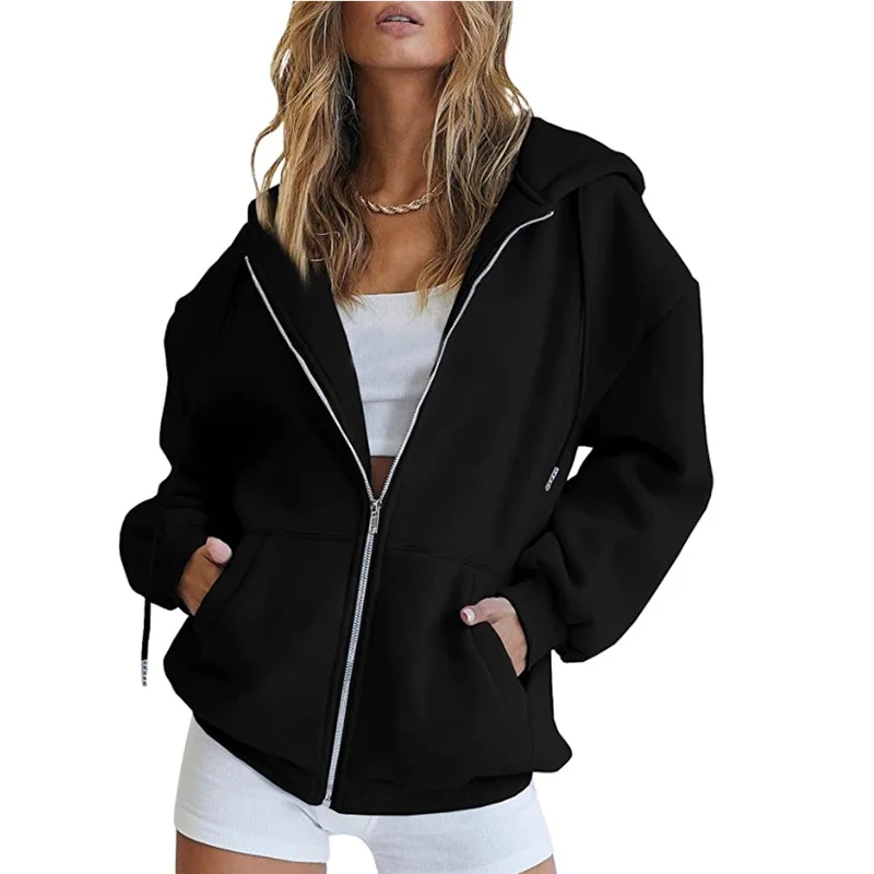 New Women's Zipper Hoodie Korean Version Loose Fit Large Sports Hoodie Casual Solid Long Sleeve Hooded Sweatshirt Zipper Coat