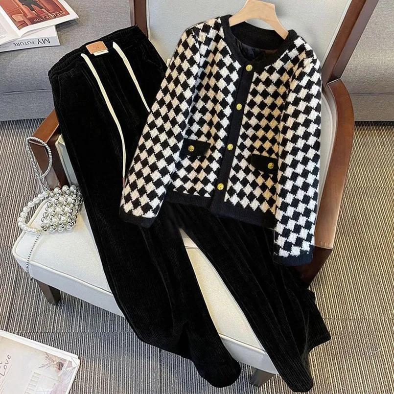 Large Size Women's Autumn New 2023 Small Fragrance Jacket Slimming Temperament Wide Leg Pants Two-piece Set