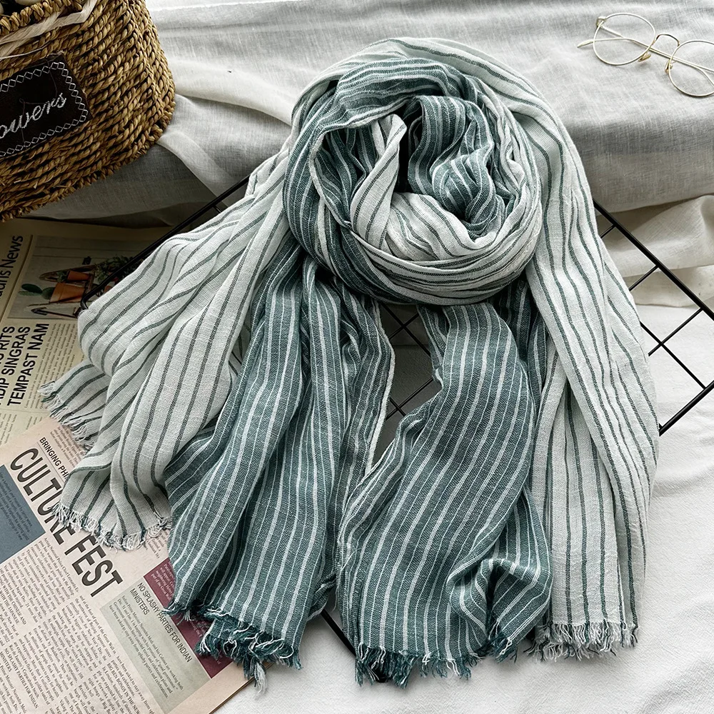 Unisex Japanese Style Cotton Linen Striped Scarves Men Soft Warm