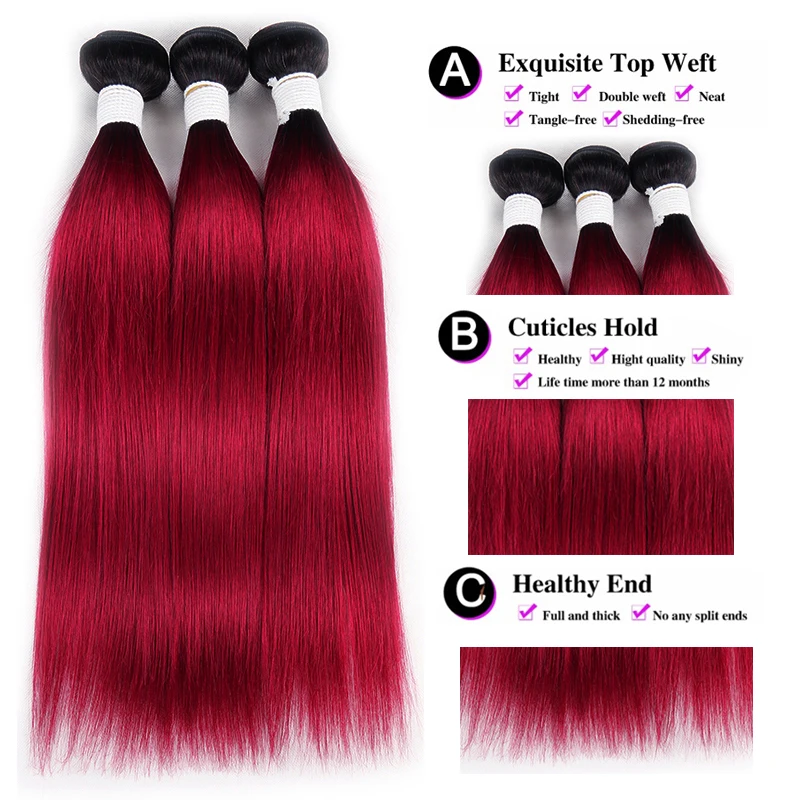Brazilian Straight Human Hair Bundles 1B 99J/Burgundy Red Ombre Human Hair Weave Bundles Remy Extension 1/3/4 PCS human hair extensions human hair bundles human hair bulk