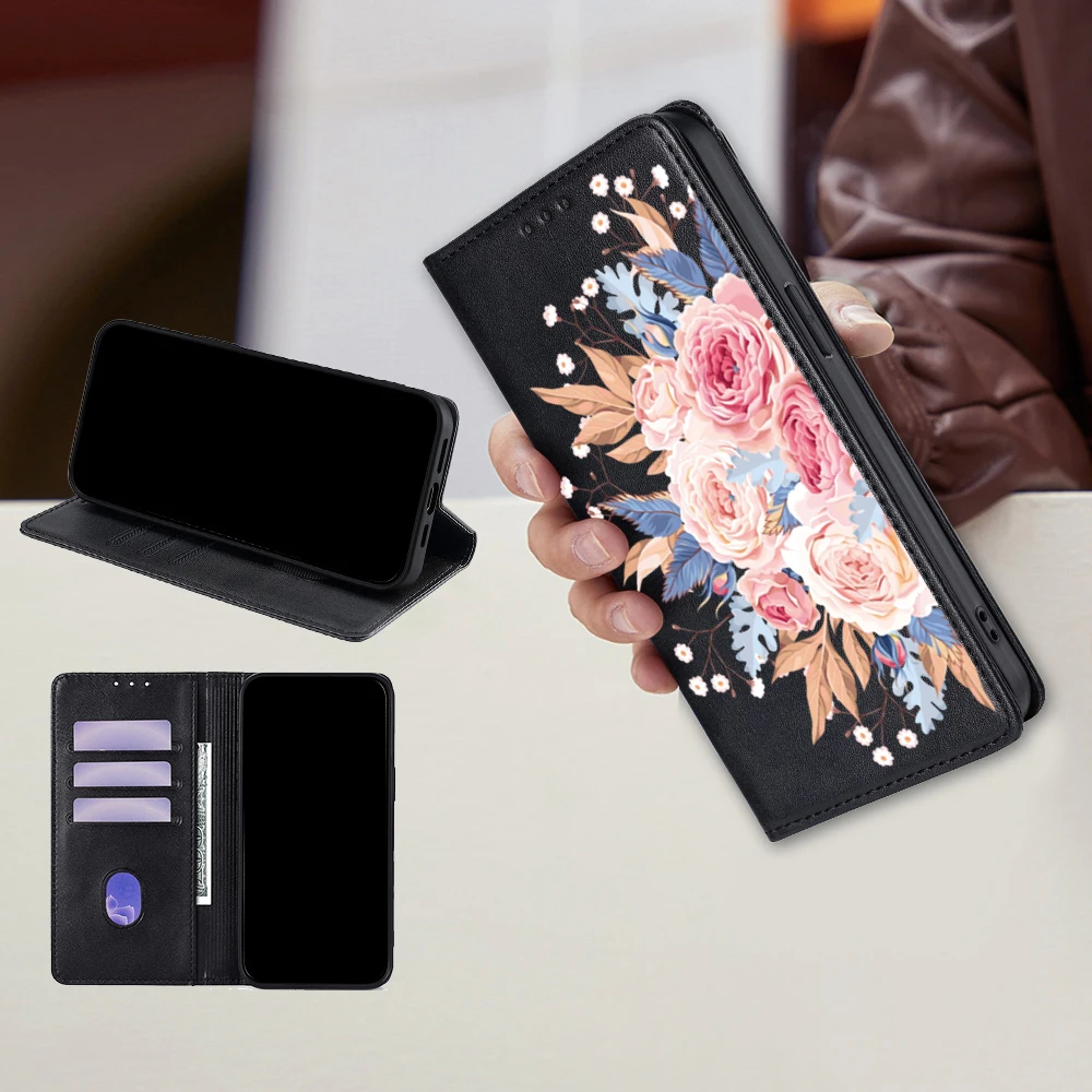 Floral Magnetic Leather Flip Wallet Case with Card Slots and Holster