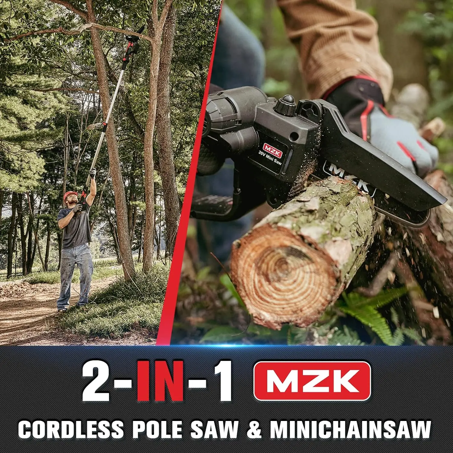 Mzk 2-In-1 Cordless Pole Saw & Mini Chainsaw With 3 Replacement Chain, 20V Battery Pole Chainsaw, 4.5"" Cutting Capacity, 13Ft