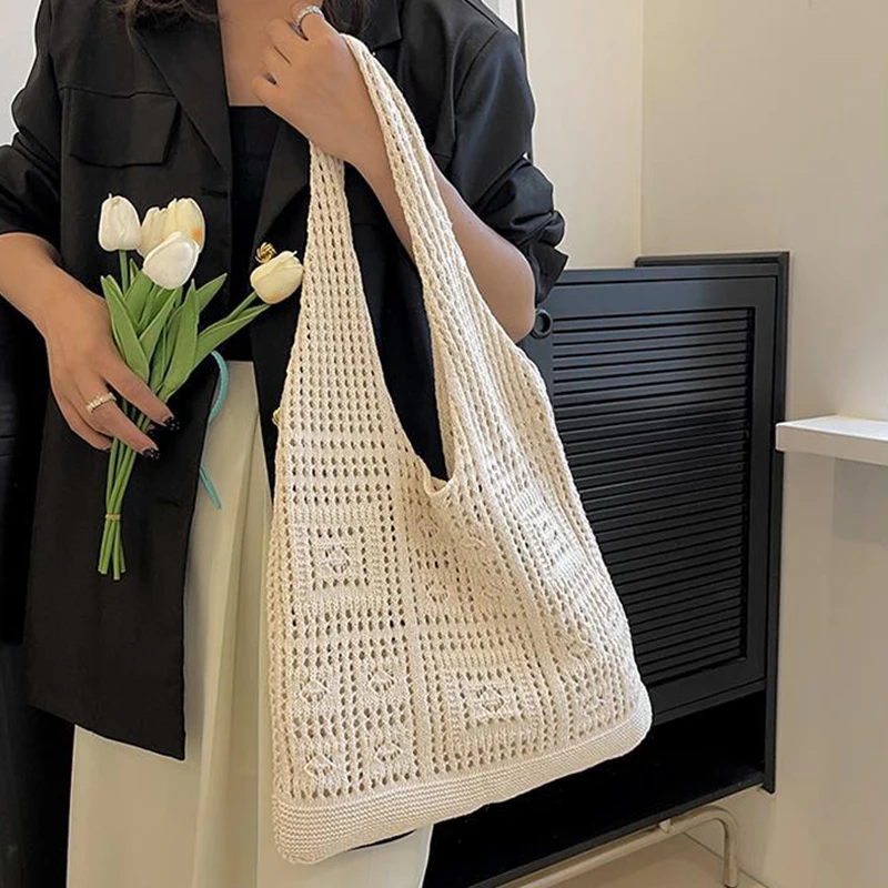 Knitted Handbags Beach Bags Lightweight Students Shoulder Casual Tote Female Style Shopping Woven Bags For Women Girls