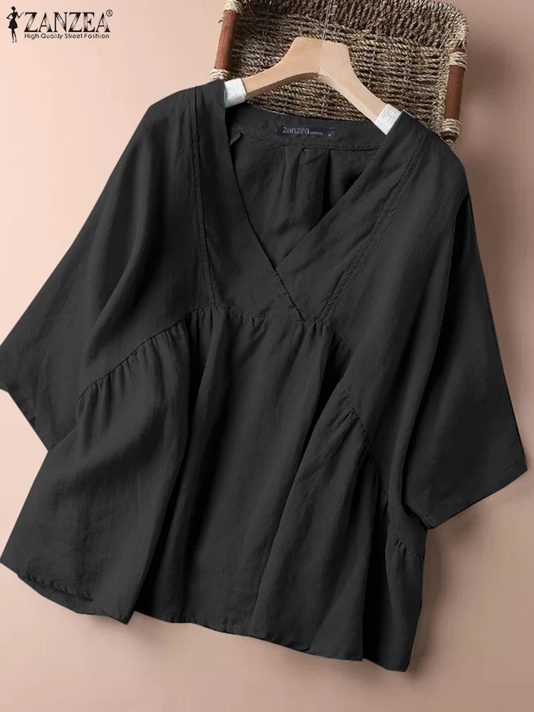 

ZANZEA Women Fashion Tunic Loose Half Sleeve Smock Tops Holiday V-neck Blusas Baggy Cotton Linen Solid Casual 2023 Summer Blouse