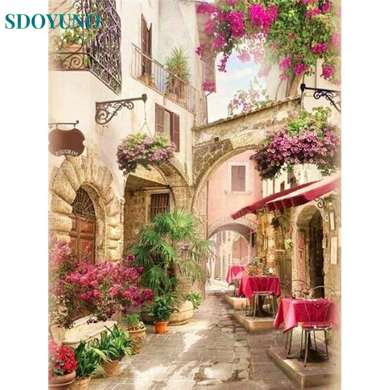 

SDOYUNO DIY Picture By Numbers Adults Kits Town Handmade Landscape With Frame Home Decor Wall Art Coloring By Numbers Craft