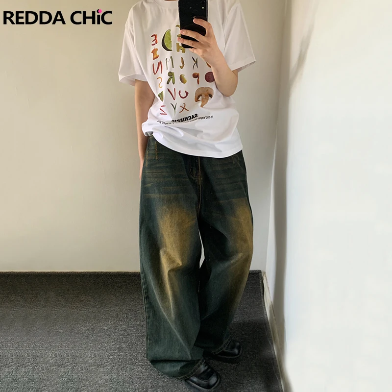 REDDACHIC 90 년대 레트로 스케이터 남성용 헐렁한 청바지, 그린 워시, 조절 허리, 캐주얼 와이드 레그 오버사이즈 바지, Y2k 바지, 플러스 사이즈 의류